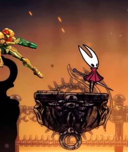 samus about to shoot hornet in hollow knight silksong.