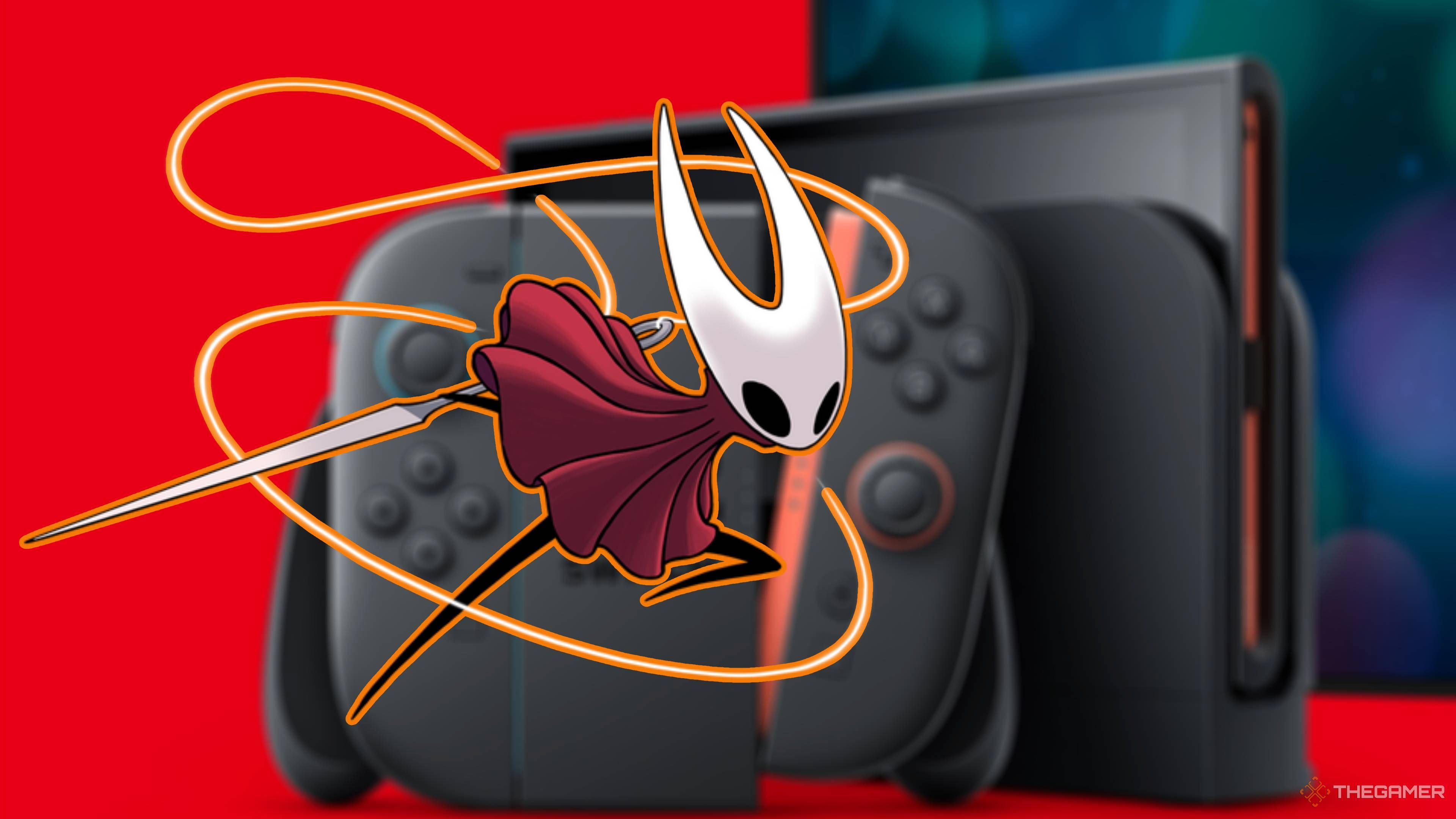 hornet from hollow knight silksong in front of a blurred switch 2.